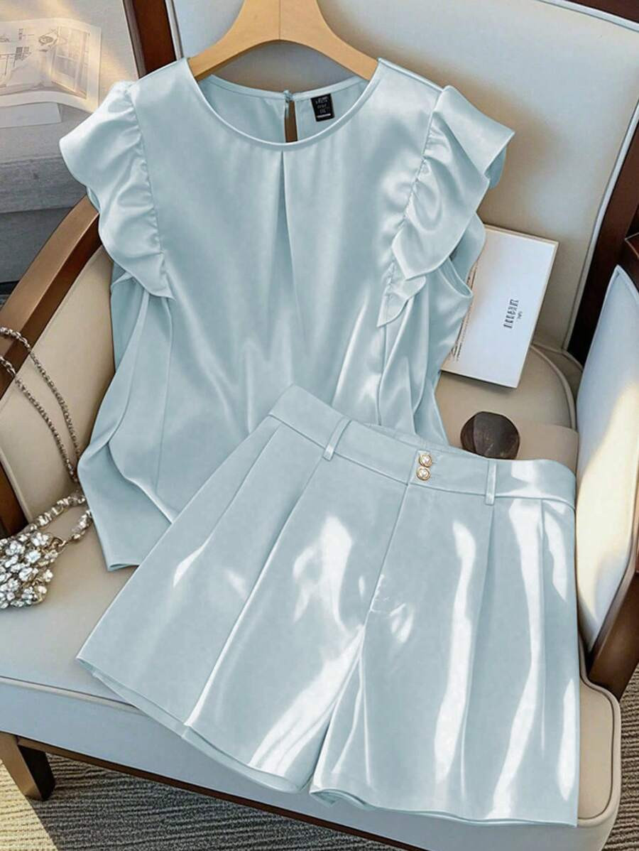 Regalyn 2pcs Women Casual Satin Round Neck Ruffle Sleeve Top And Shorts Set | SHEIN