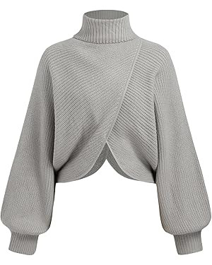 CIDER Cropped Sweaters for Women Turtleneck Sweater Long Sleeve Ribbed Knit Lantern Sleeve Pullov... | Amazon (US)