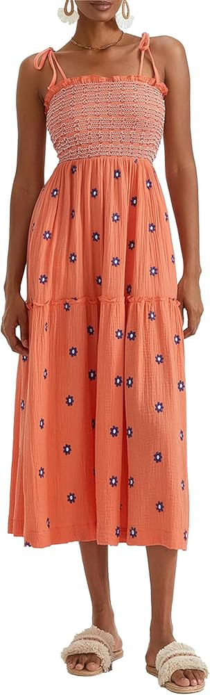 Women Floral Embroidered Maxi Dress Sleeveless Tie Shoulder Smocked Flowy Dress Boho Summer Sundr... | Amazon (US)