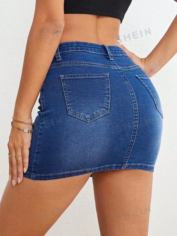 SHEIN Essnce Cat Whisker Denim Skirt | SHEIN