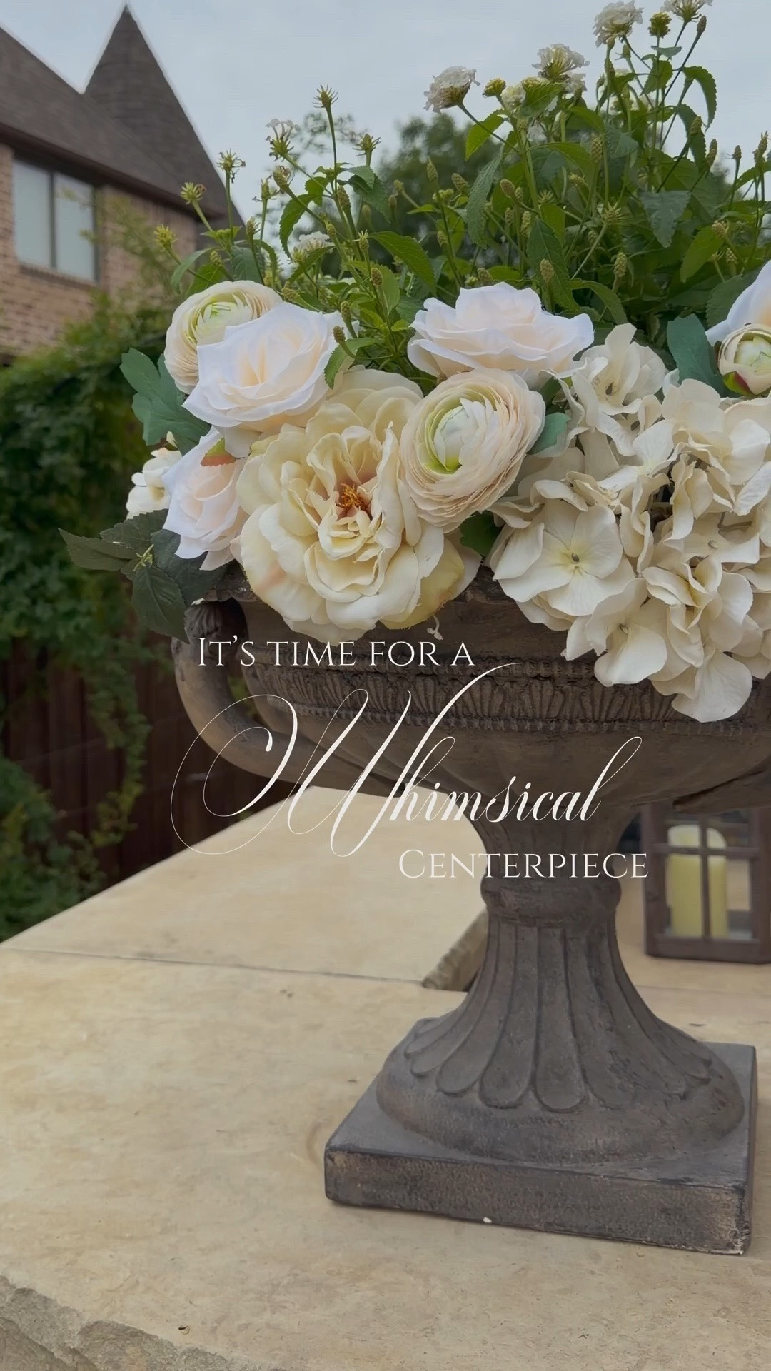 I used a shallow urn planter (ensure drainage hole), added a fresh lantana, and then surrounded it with a mix of faux flowers for a full, layered look.

See the links below for the Faux florals. 

Urns are so difficult to find! Unfortunately, mine is not available for purchase online but I linked a few similar urns at various price points. 🤍