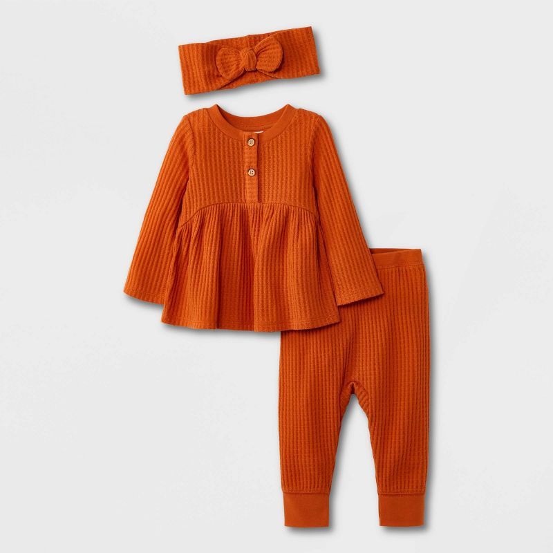 Baby Girls' Cozy Brushed Waffle Top & Bottom Set - Cat & Jack™ Orange | Target