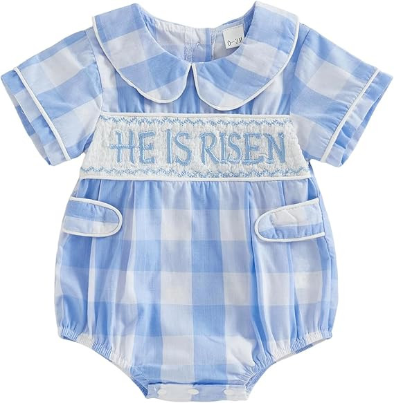 BemeyourBBs Newborn Baby Boy Easter Outfit Doll Collar Bubble Romper Short Sleeve Jumpsuit Cute I... | Amazon (US)