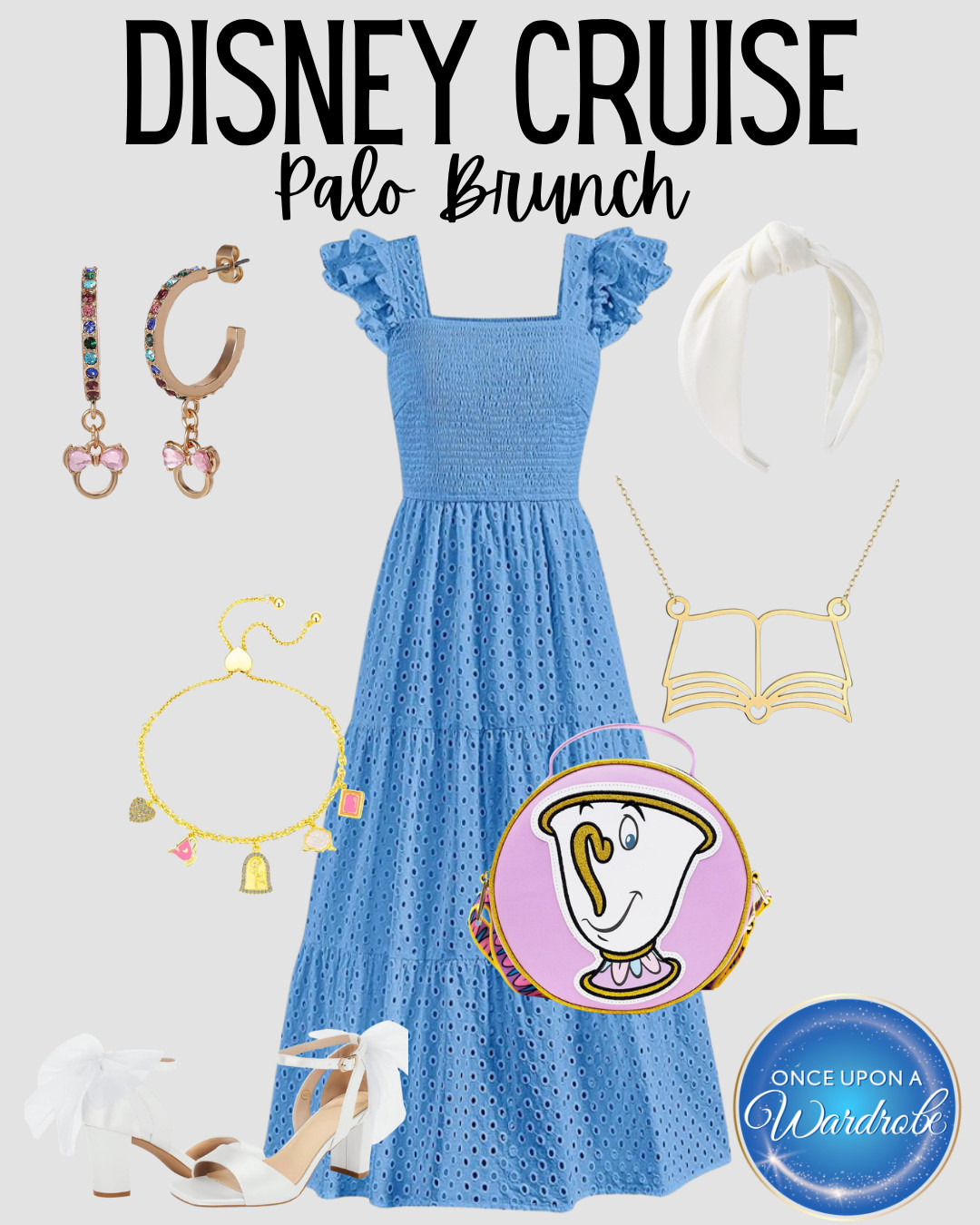 Disney Cruise Palo brunch outfit idea 💙 This pretty blue midi dress with white heels, a white headband, and Beauty and the Beast-inspired accessories is such a cute look for Palo brunch on Disney Cruise Line. Perfect if you want a dressy Disney cruise outfit that still feels fun, polished, and themed. 

 #LTKootd #LTKmomlife #LTKTravel