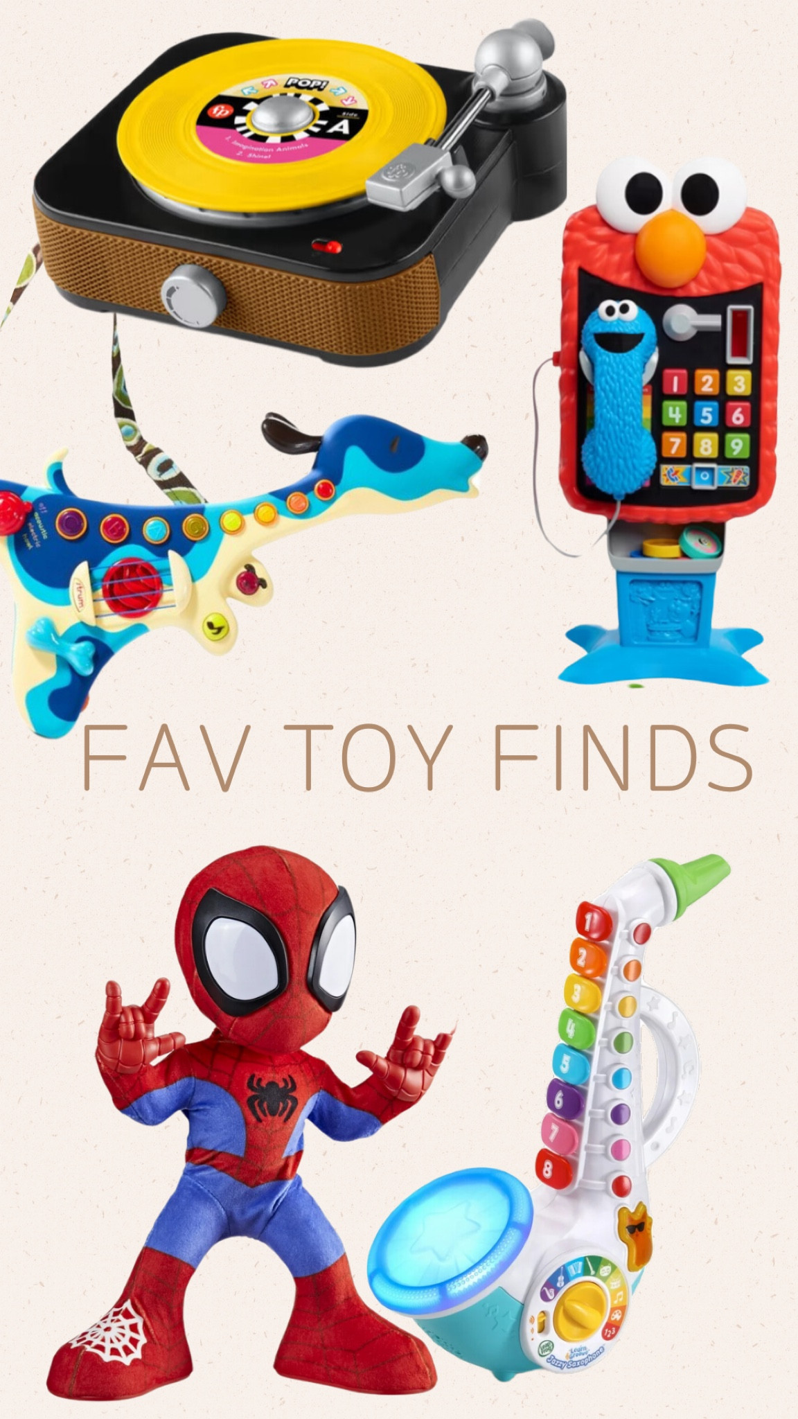We got these for the boys! Can’t wait for them to open them! B Toys Dog Guitar with playable strings! Marvel Crawling Spider Man, V-tech saxophone that allows air to be played, Fisher Price Record Player, and Sesame Street Elmo’s Sing and Learn Playphone!