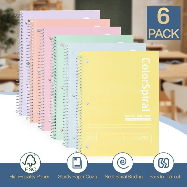 Deli Spiral Notebook 6 Pack, 1-Subject, College Ruled Paper, 8" x 10-1/2", Wide Ruled, 70 Sheets,... | Walmart (US)