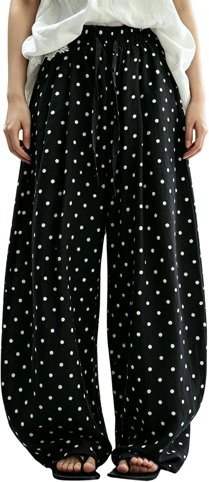 Women Polka Dot Pants Linen Blend Wide Leg High Waist Drawstring Casual Loose Vacation Lounge Pal... | Amazon (US)