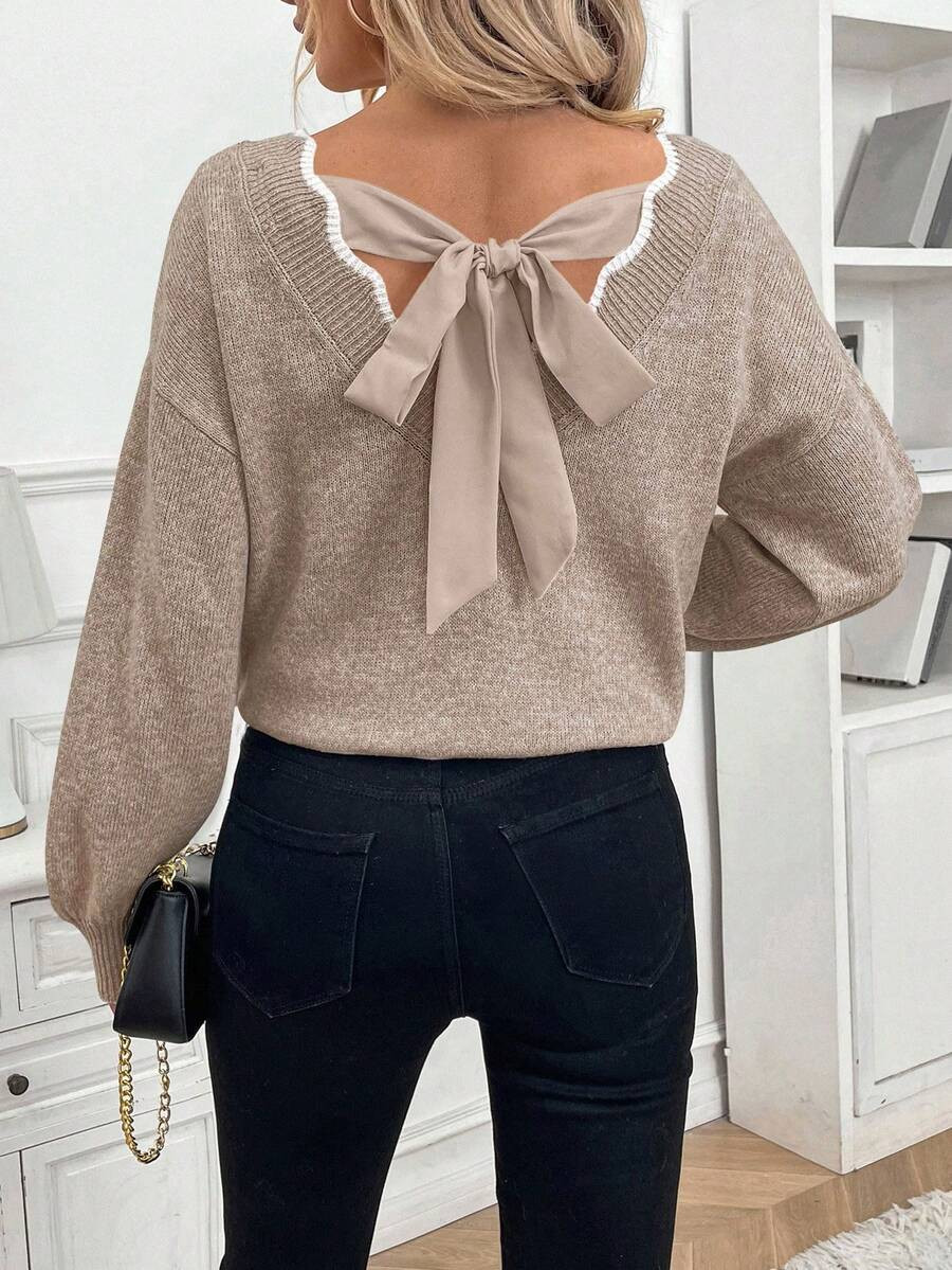 Serisse Women's Contrast Color Bowknot Cuff Long Sleeve Sweater,Fall Winter Brown Casual Spring | SHEIN