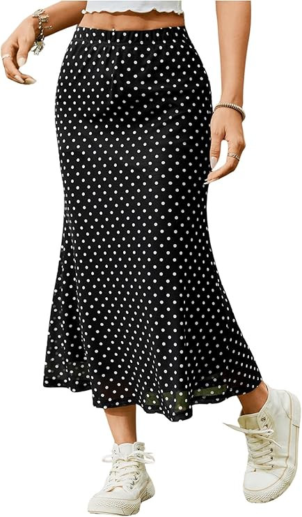 WDIRARA Women's Polka Dots Fishtail Midi Skirt Elastic Waist Ruffle Hem Mesh Bodycon Skirt | Amazon (US)
