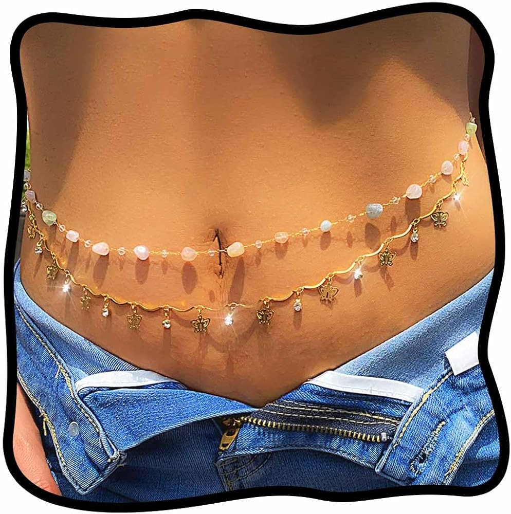 Urieo Boho Rhinestone Beads Waist Chain Bead Butterfly Gold Crystal Belly Chains Beaded Layered A... | Amazon (US)