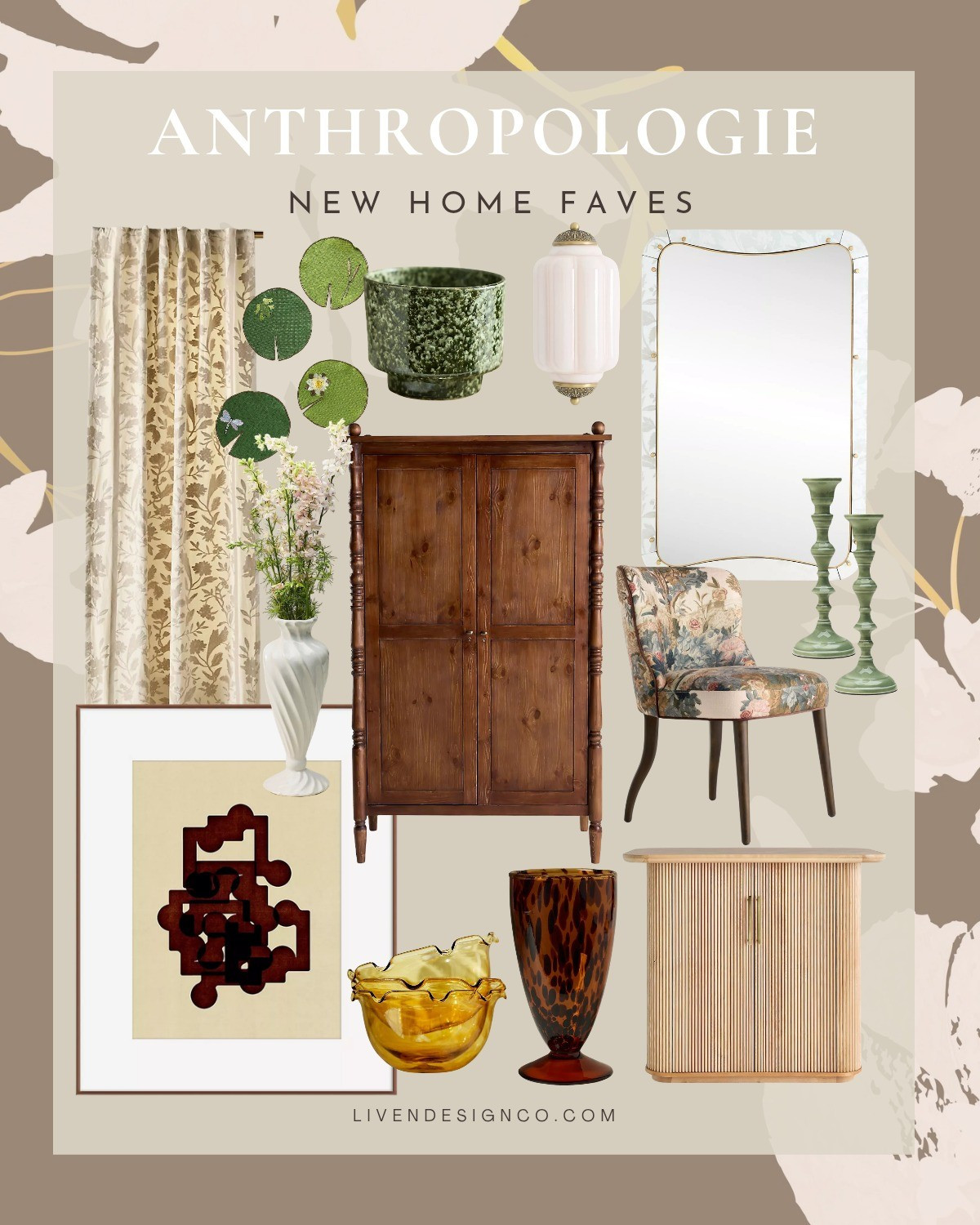 Anthropologie new home decor. Armoire. Curtains. Candlesticks. Accent mirror. Wall art. Tortoiseshell glassware. Milk glass sconce. Fluted vase. Bar cabinet. Upholstered dining chair 

#LTKSeasonal #LTKHome #LTKSaleAlert