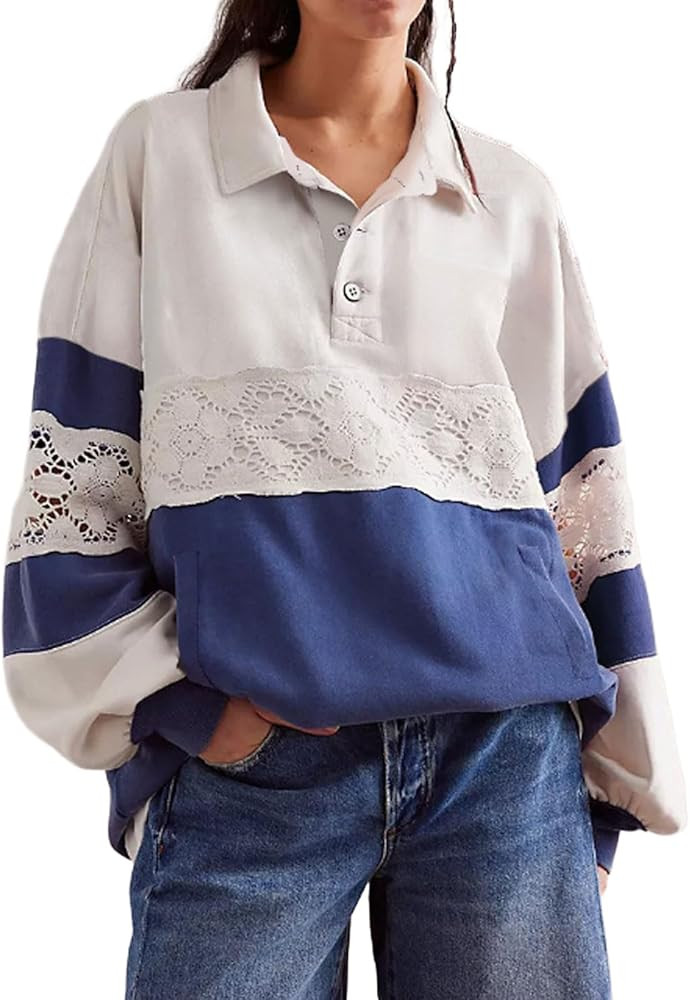 CHARTOU Women Lace Patch Polo Sweatshirt Oversized Color Block Hoodies Fall Buttons Y2k Top | Amazon (US)