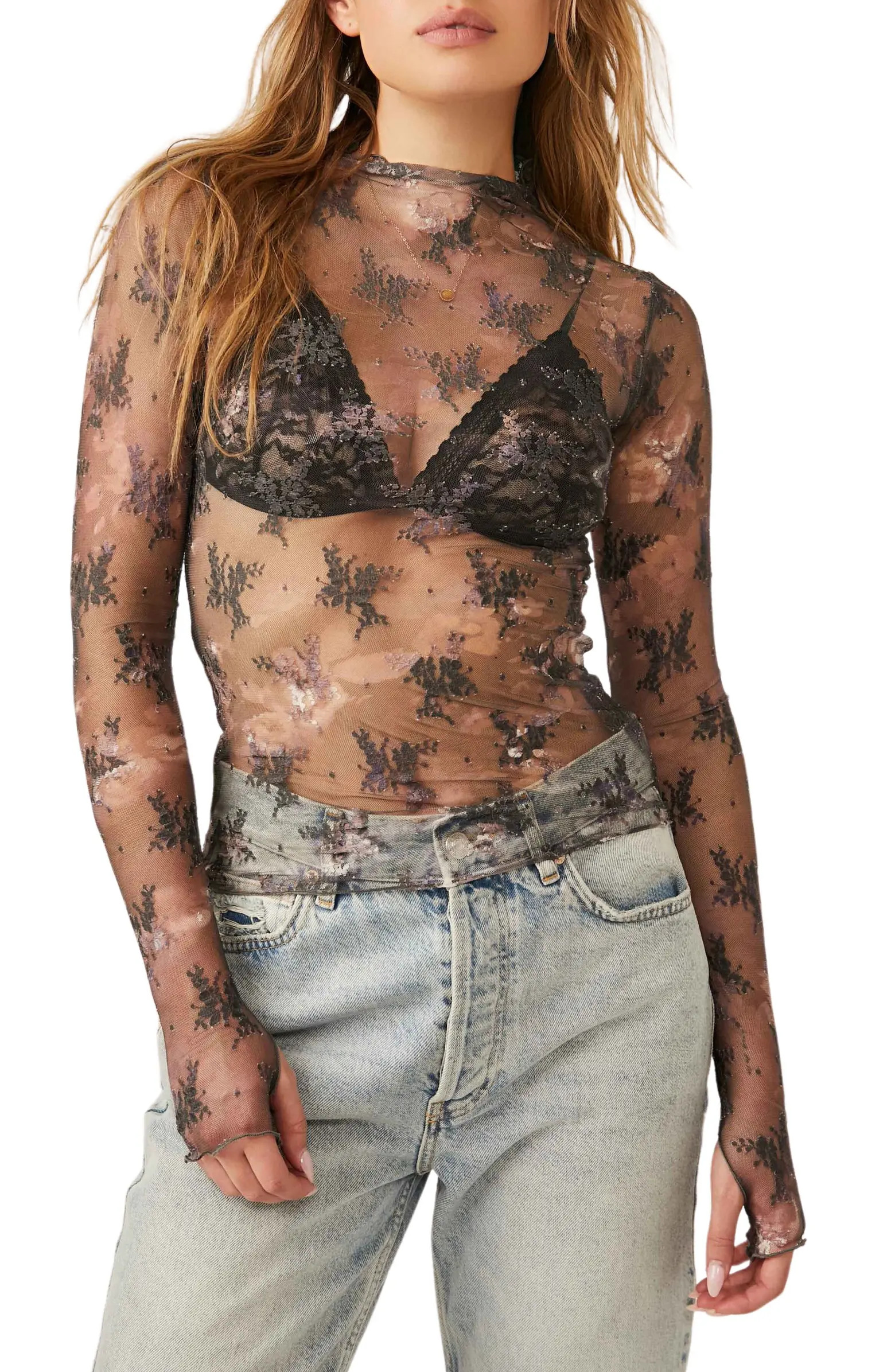 Free People Printed Lady Sheer Embroidered Long Sleeve Top | Nordstrom | Nordstrom