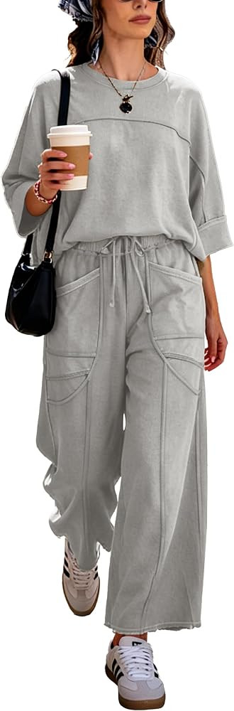 Women Summer 2 Piece Lounge Sets Oversized T-shirt Wide Leg Pants | Amazon (US)