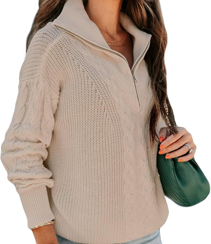 Quarter-Zip Sweaters for Women Pullover Long Sleeve Cable Knit Sweater Loose Pullover Top | Amazon (US)