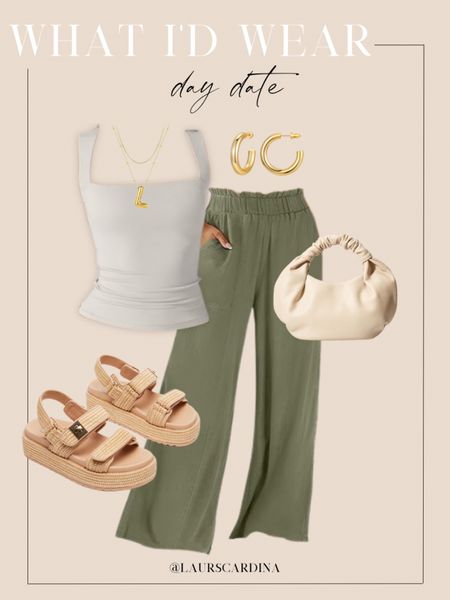 This day date outfit idea includes a white square neck tank paired with wide leg green pants, raffia sandals, a cream handbag, a gold initial necklace, and gold hoop earrings.

Ootd, date night, day date, summer outfit, spring outfit, Amazon fashion, Steve Madden

#LTKFindsUnder50 #LTKStyleTip #LTKShoeCrush