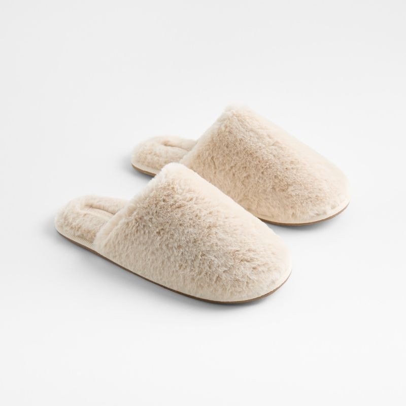 Large Faux Fur Calm Beige Slippers + Reviews | Crate & Barrel | Crate & Barrel