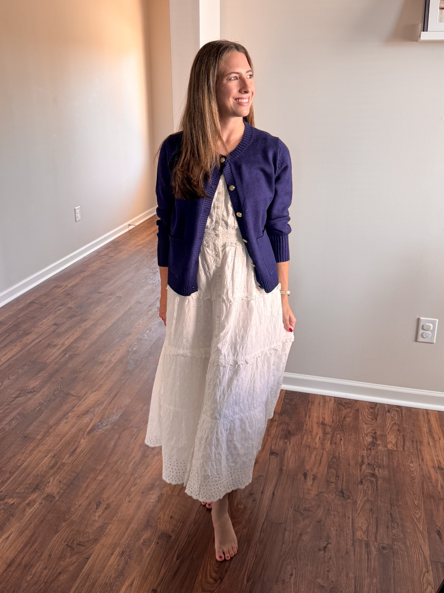 Cozy navy cardigan styles perfectly with this white Doen / Gap dresss

#LTKSeasonal