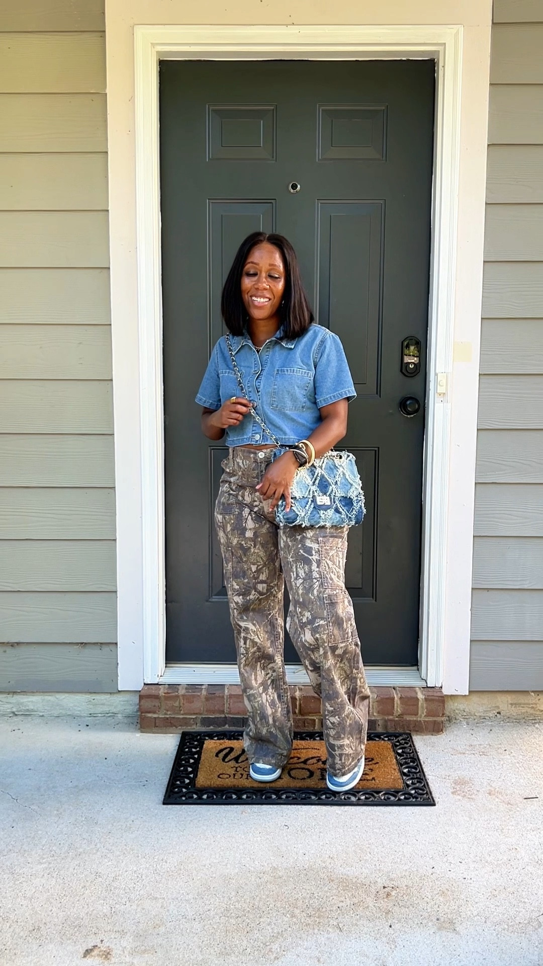 How to style wild camo cargo pants with a chambray button up crop top. I styled this casual outfit with a denim distressed crossbody bag and Jordan 1 denim sneakers

#LTKPetite #LTKFindsUnder100 #LTKStyleTip