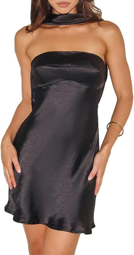 Women's Satin Backless Strapless Short Dresses Summer Sexy Sleeveless Elegant Cowl Back Mini Cock... | Amazon (US)