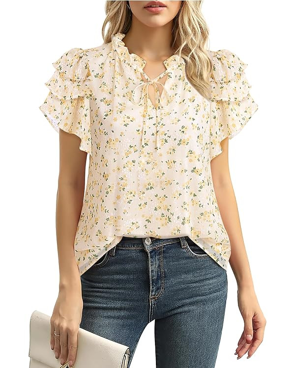 Lotusmile Summer Chiffon Dressy Casual Blouses Elegant Ruffle Short Sleeve Work Tops for Women Tr... | Amazon (US)