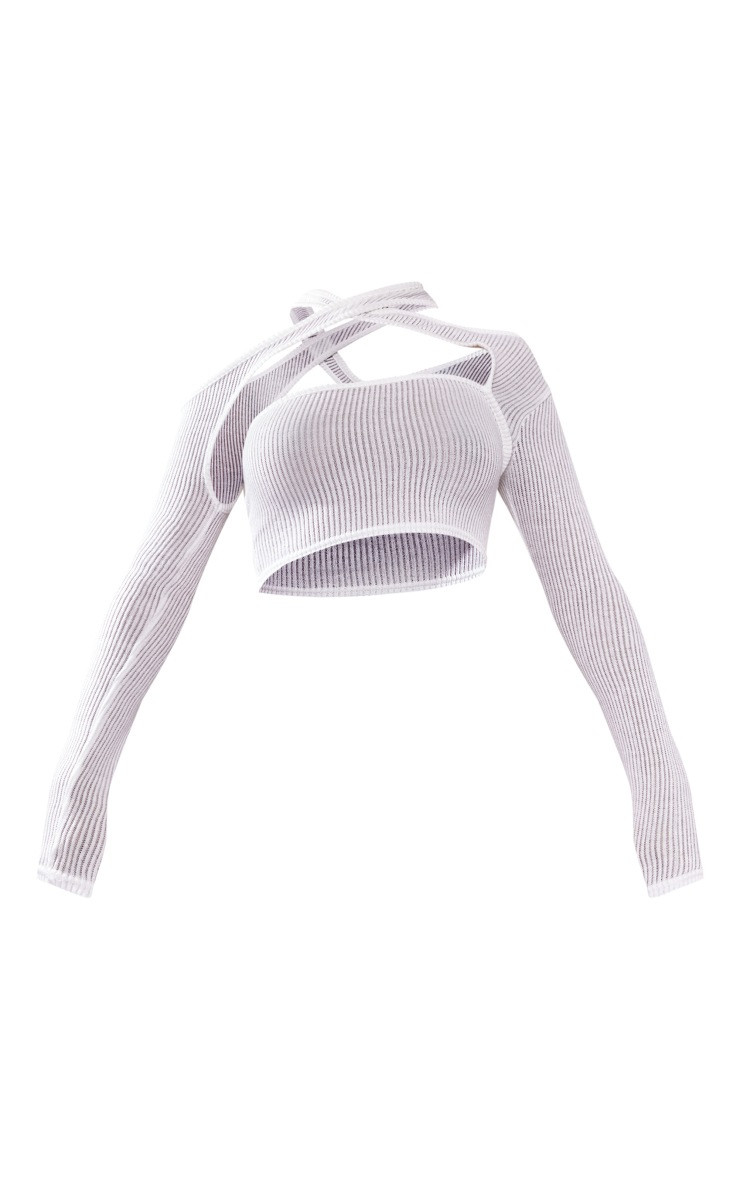 Cream Soft Rib Asymetric Cut Out Crop Top With Sleeves | PrettyLittleThing US