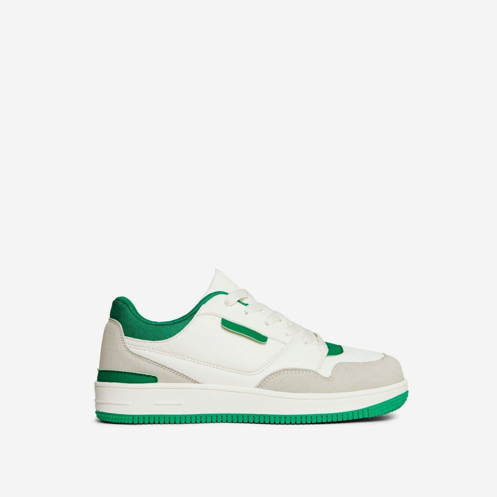 Runaway Lace Up Chunky Sole Trainer In White And Green Faux Leather | EGO Shoes (US & Canada)