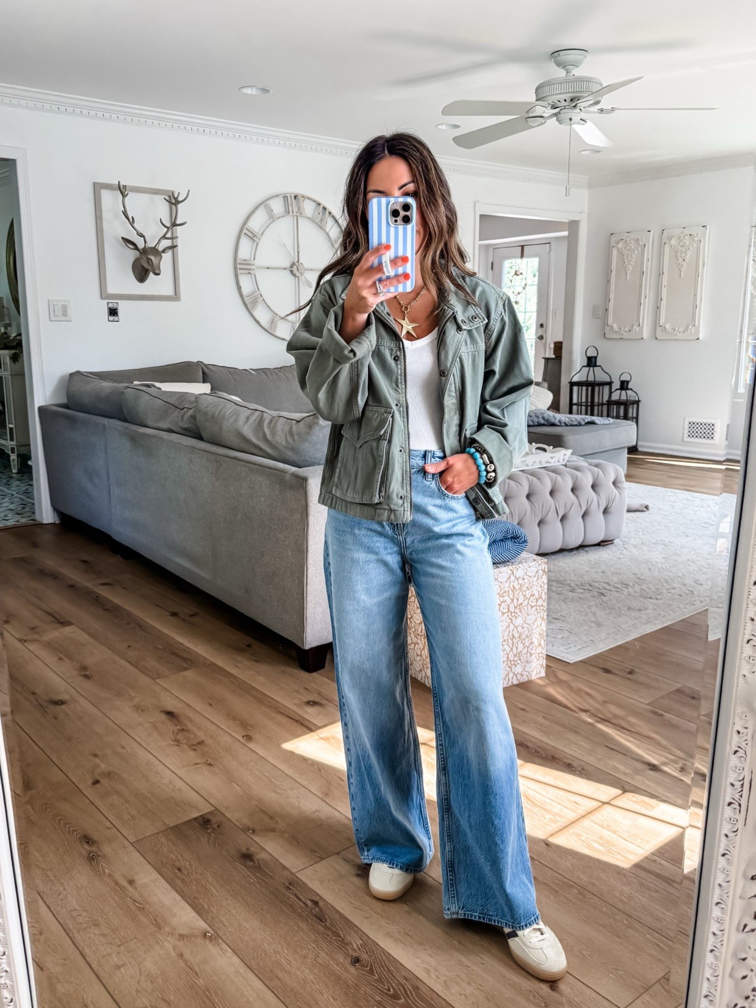 Abercrombie code DENIMAF. 
Jewelry code HOUSEOFLEO20. 
Small fall jacket. Wide leg jeans, 25 short.

#LTKOver40 #LTKPetite #LTKSaleAlert