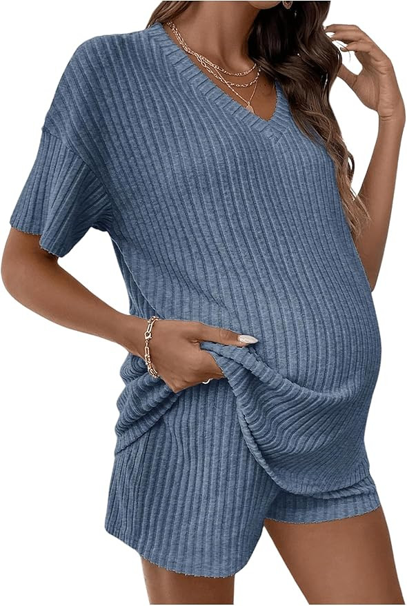 MakeMeChic Women's Maternity Pajamas Lounge Sets 2 Piece Outfits Short Sleeve Rib Knit Tops and S... | Amazon (US)