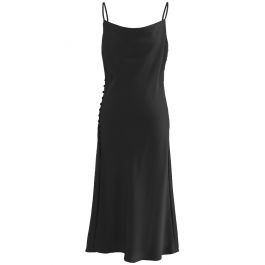 Buttoned Side Split Hem Satin Cami Dress in Black | Chicwish