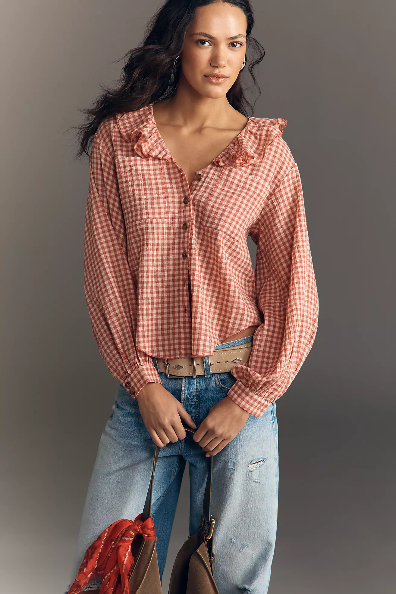 Pilcro Long-Sleeve Ruffle Collar Buttondown Shirt | Anthropologie (US)
