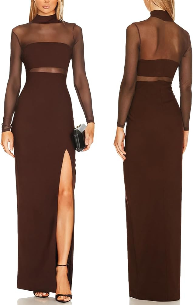 Aigeman Women See Through Mesh Long Sleeves Maxi Dress Turtleneck Bodycon Long Dresses Side Slit ... | Amazon (US)
