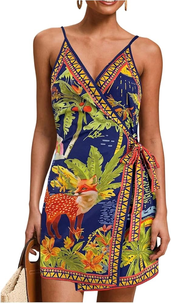 RoseSeek Women's Tropical Print Cami Dress Sleeveless Wrap V Neck Tie Knot Boho Short Dresses | Amazon (US)