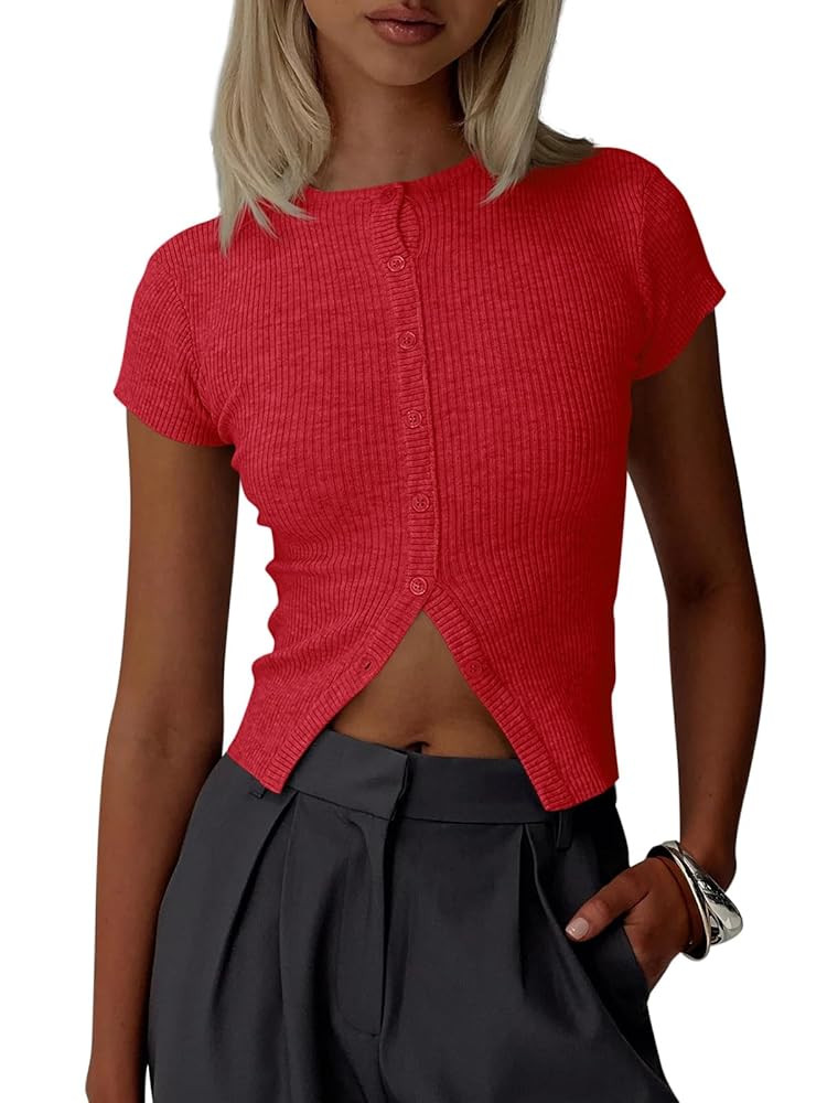 Imily Bela Womens Short Sleeve Sweater Tops Summer Button Down Casual Ribbed Knit Slim Fit Croppe... | Amazon (US)