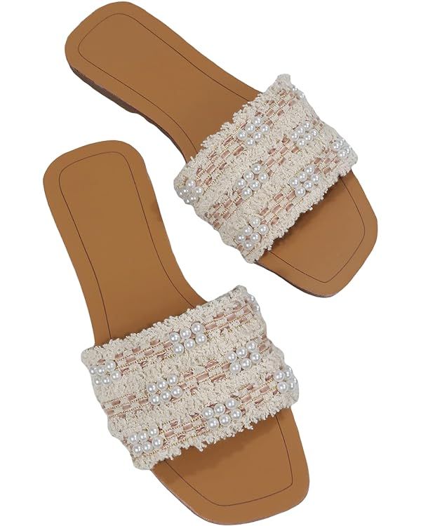 GORGLITTER Women's Faux Pearls Decor Flat Sandals Color Block Open Toe Leather Slide Sandals | Amazon (US)