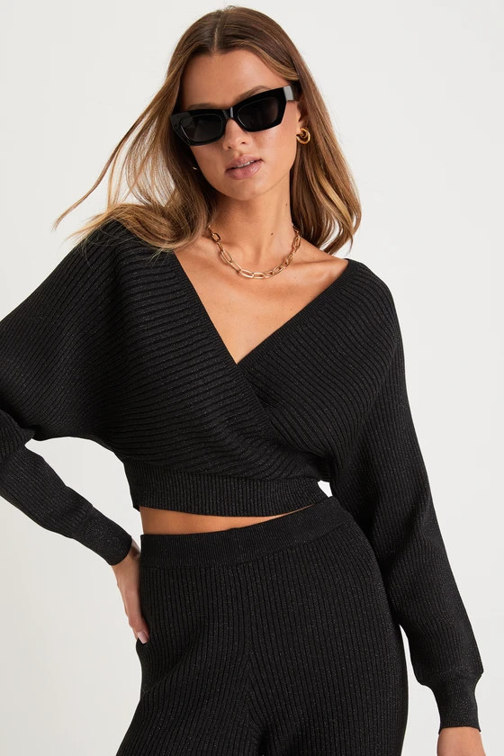 Luxe Weekend Black Ribbed Surplice Long Sleeve Sweater Top | Lulus (US)