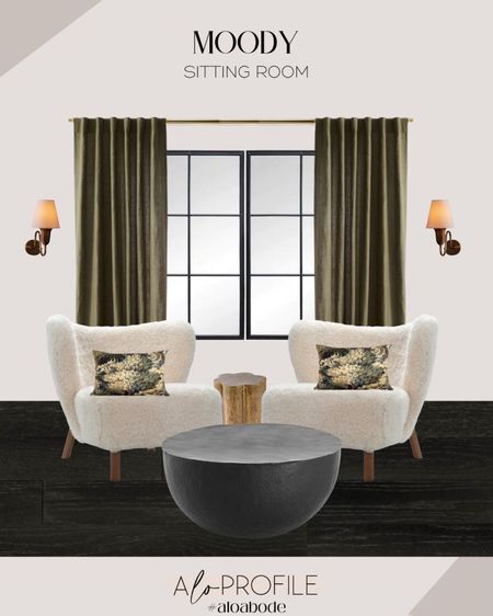 Moody Sitting Room // sherpa chairs, patterened lumbar pillows, olive green curtain, olive green color scheme, round modern coffee table, brass wall sconces, small sitting room, black windows, gilded gold side table, round back accent chairs, modern accent chairs, drapery, brass drapery rod

#LTKhome