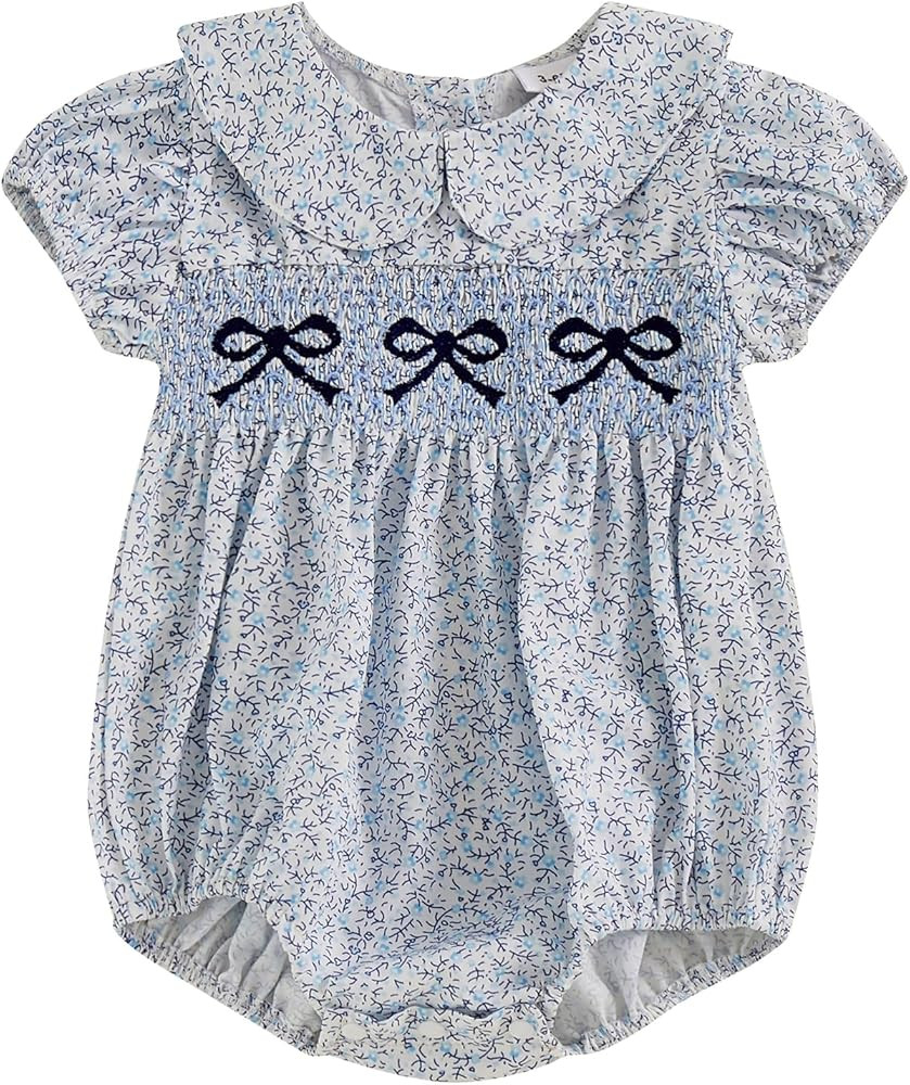 Newborn Baby Girl Romper Bow Embroidery Peter Pan Collar Short Sleeve Bubble Bodysuit Summer Clot... | Amazon (US)