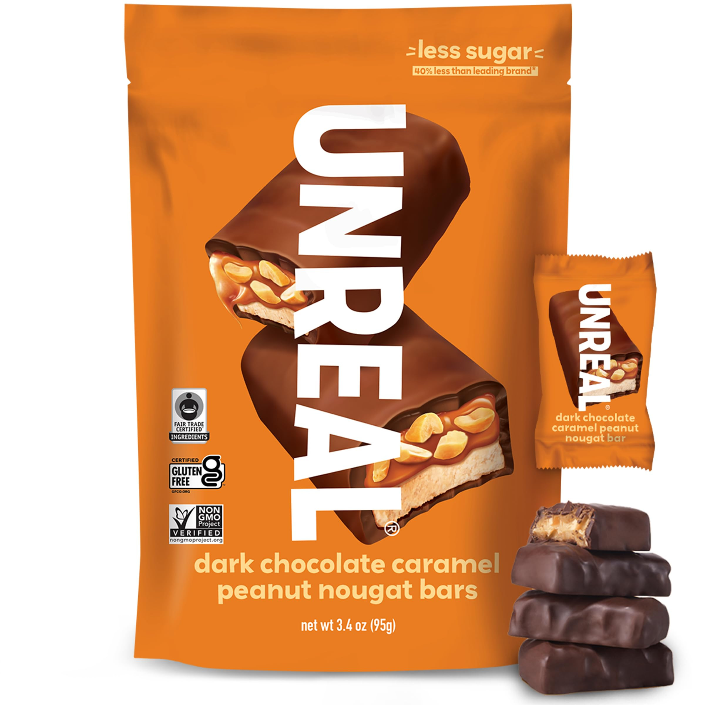 UNREAL Dark Chocolate Caramel Peanut Nougat Bars (1 Bag), 70% Organic Ingredients, Fair Trade, No... | Amazon (US)