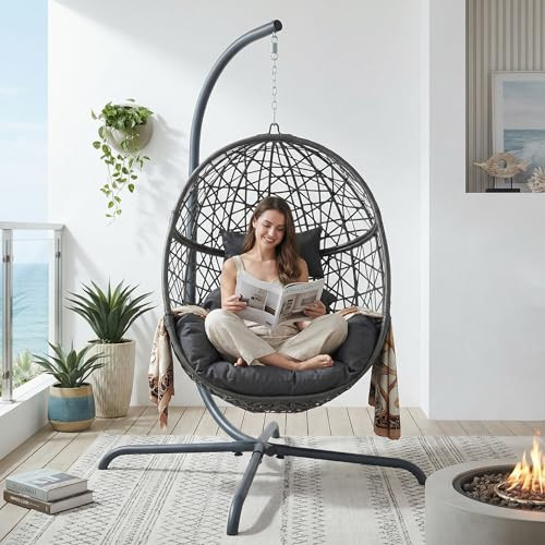 NICESOUL Swing Egg Chair with Stand, Bird Cage Patio Hanging Chair with Cushion, Large Swinging Chairs Indoor Outdoor, All-Weather 350lbs Eggshell Basket Seat for Porch, Backyard, Dark Grey | Amazon (US)
