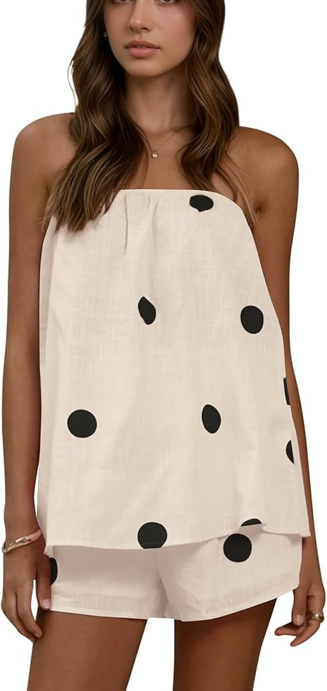 Polka Dot 2 Piece Lounge Set Strapless Tube Top Wide Leg Shorts Matching Sets Summer Casual Vacat... | Amazon (US)