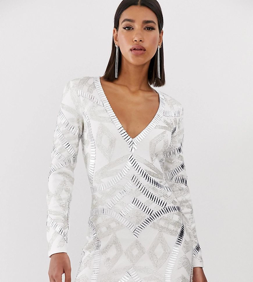Starlet allover embellished plunge front mini dress in white | ASOS (Global)
