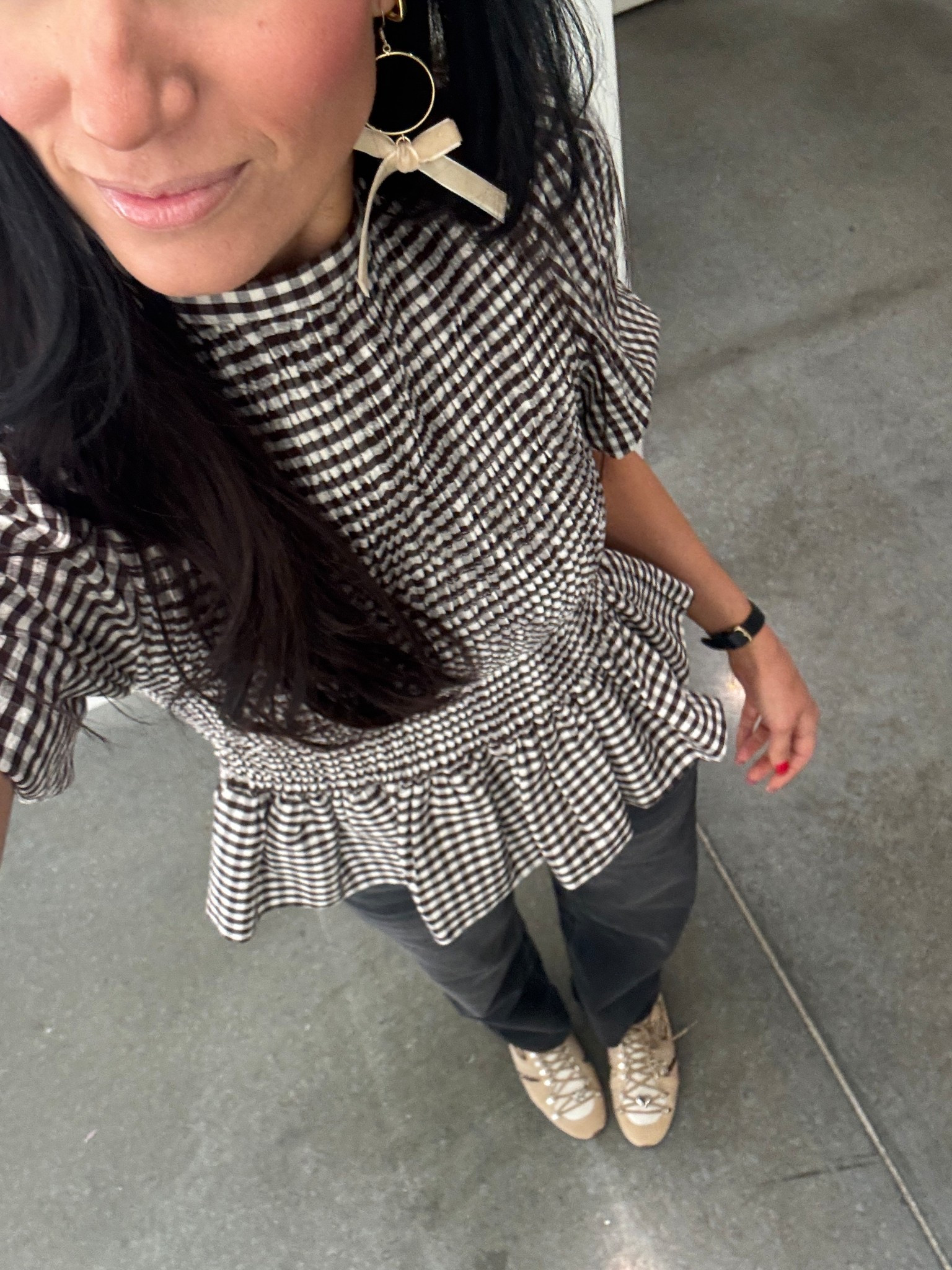 $50 jeans fit tts. My top is also super affordable and I grabbed her and the shoes while in Paris. The bow earrings are under $40 and super lightweight 