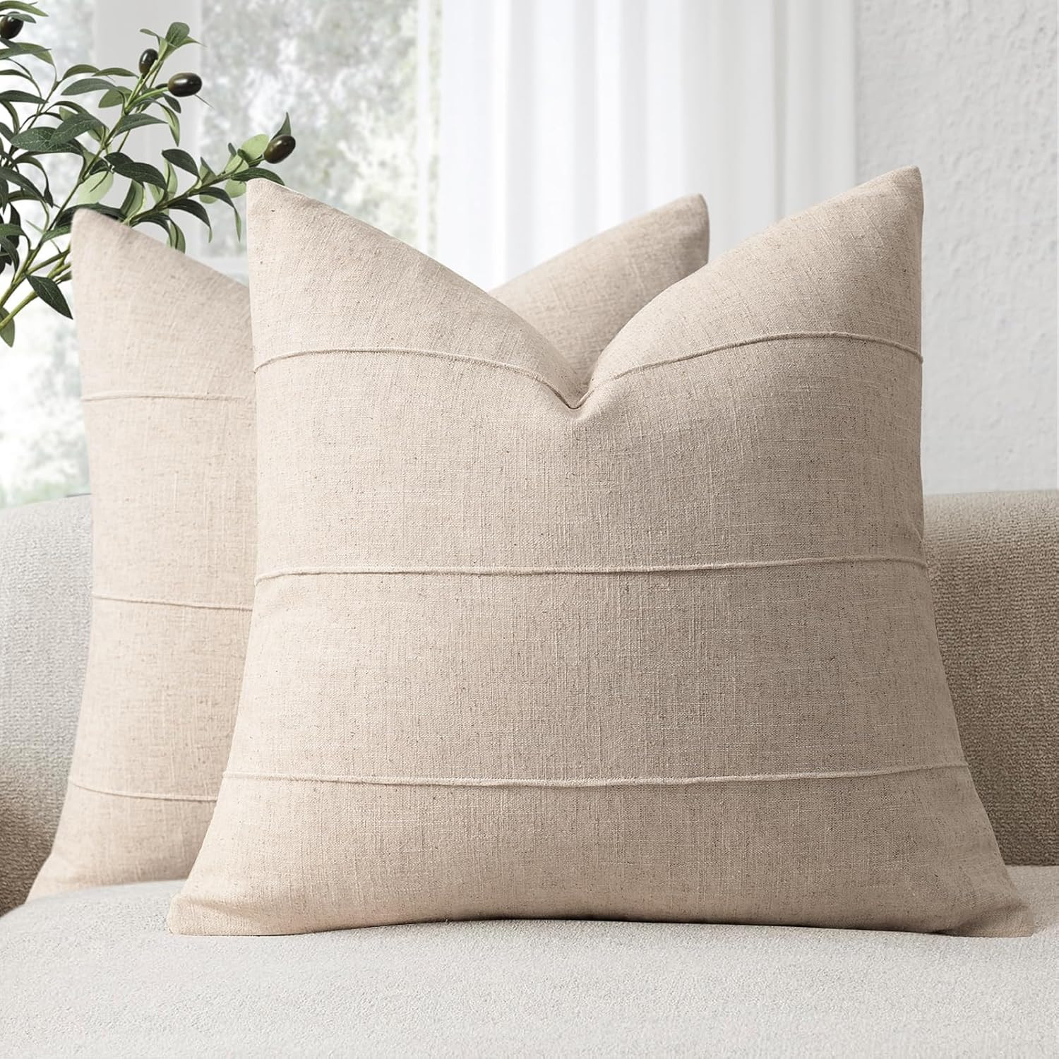 Decorative Linen Throw Pillow Covers 18x18 Set of 2 Solid handcrafted Striped Cushion Covers for ... | Amazon (US)