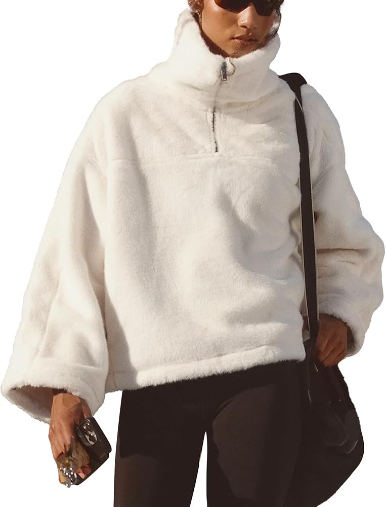 Ainangua Long Sleeve Quarter Zip Pullover Women Oversized Faux Fur Coat Fall Winter Warm Fuzzy Fl... | Amazon (US)