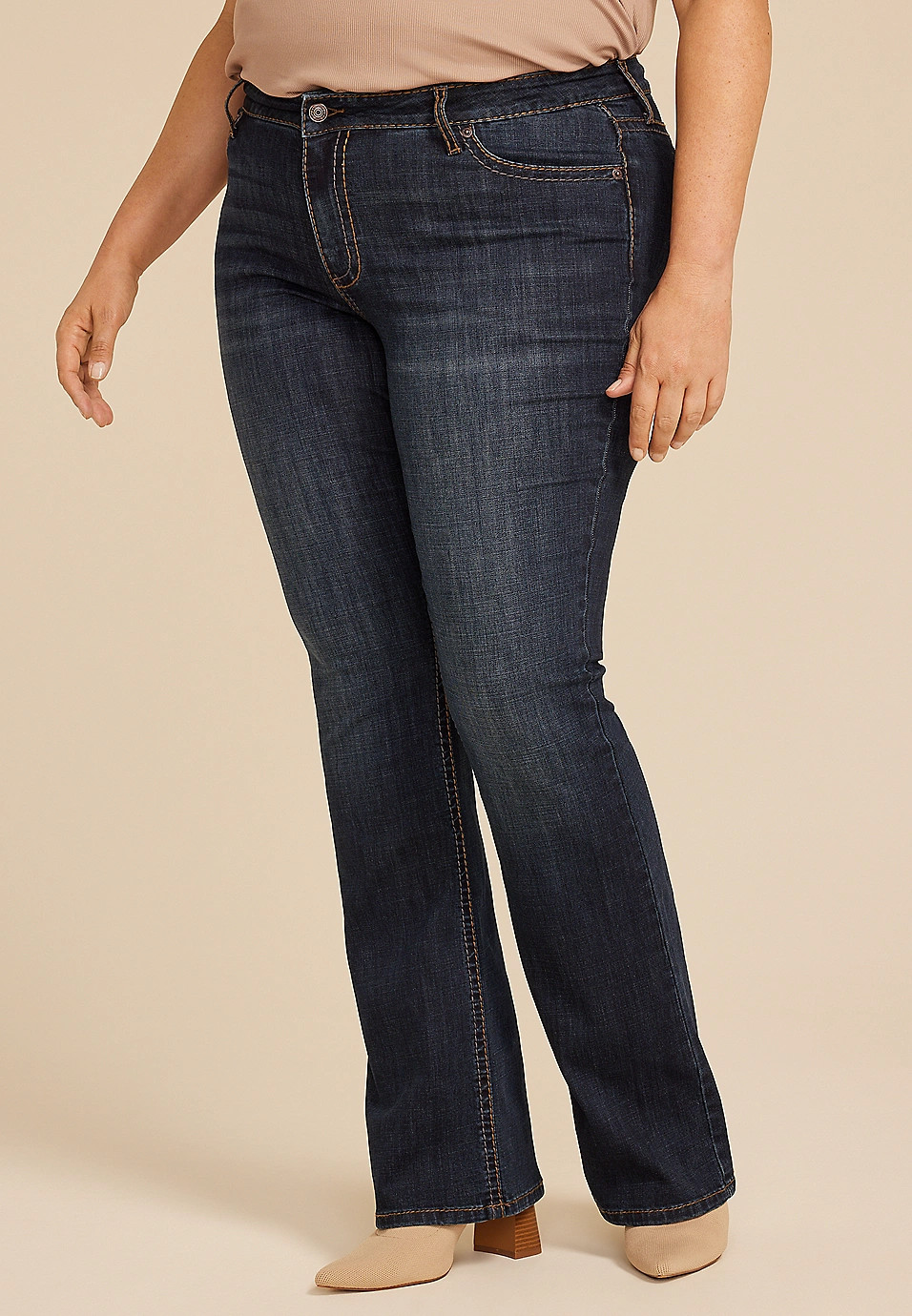 Plus Size Dark Crosshatch Mid Rise Thick Stitch Bootcut Jean | Maurices