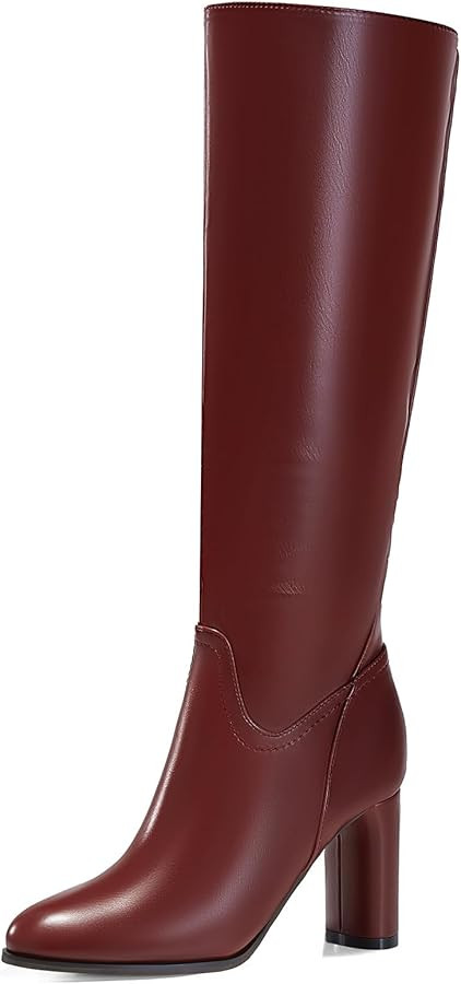 Coutgo Womens Knee High Boots Pointed Toe Chunky Heel Boot Side Zipper Winter Long Boots | Amazon (US)