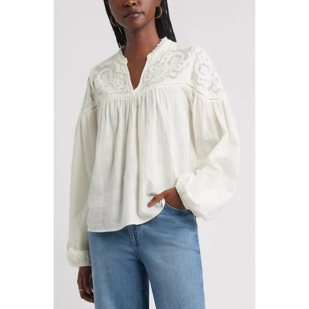 Treasure & Bond Appliqué Yoke Balloon Sleeve Cotton Top in Ivory Egret at Nordstrom Rack, Size Small | Nordstrom Rack