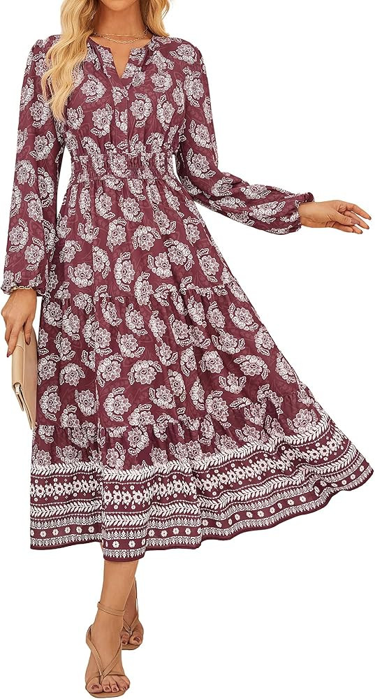 GRACE KARIN Women Fall Wedding Guest Dresses 2025 Floral Long Sleeve Maxi Dress Boho V Neck Empir... | Amazon (US)