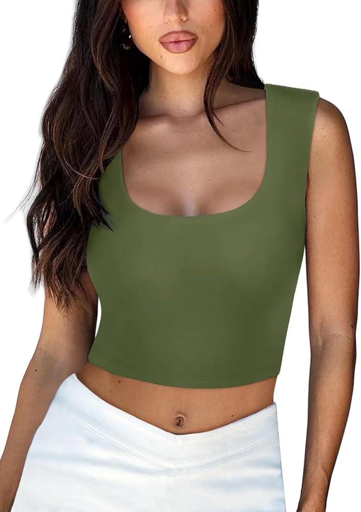 REORIA Women's Summer Sexy Square Neck Sleeveless Double Lined Going Out Crop Tank Tops | Amazon (US)